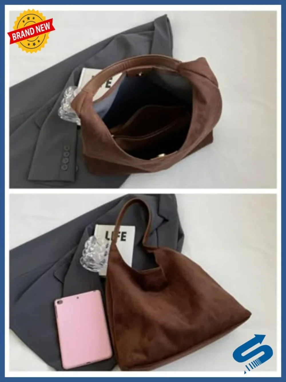 Faux Suede Slouchy Hobo Tote - Office Shoulder Bag Work Handbag